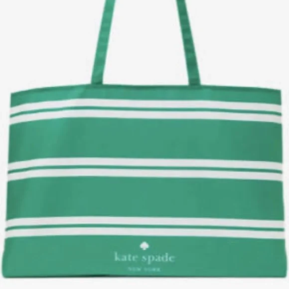 KATE SPADE Large Green White Stripe Tote Canvas Foldable Bag - Picture 1 of 4